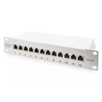 DIGITUS Patch panel CAT6A, schermato, 12 porte campo per etichette, 1U, montaggio rack 10 pollici, grigio RAL 7035