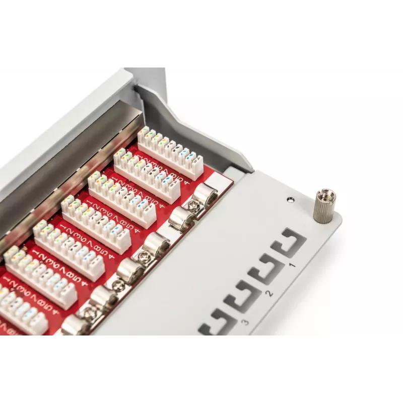 DIGITUS Patch panel CAT6A, schermato, 12 porte campo per etichette, 1U, montaggio rack 10 pollici, grigio RAL 7035