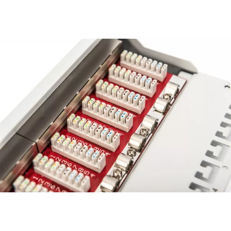DIGITUS Patch panel CAT6A, schermato, 12 porte campo per etichette, 1U, montaggio rack 10 pollici, grigio RAL 7035