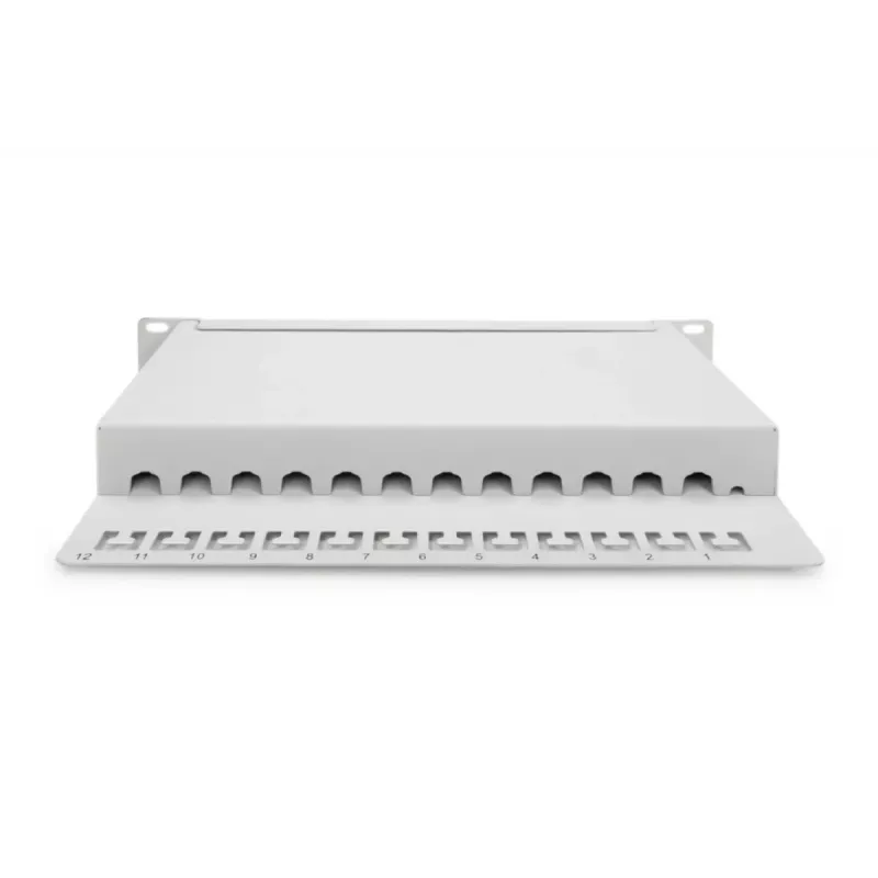DIGITUS Patch panel CAT6A, schermato, 12 porte campo per etichette, 1U, montaggio rack 10 pollici, grigio RAL 7035