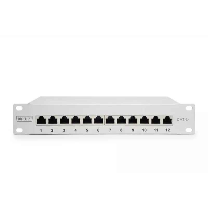 DIGITUS Patch panel CAT6A, schermato, 12 porte campo per etichette, 1U, montaggio rack 10 pollici, grigio RAL 7035