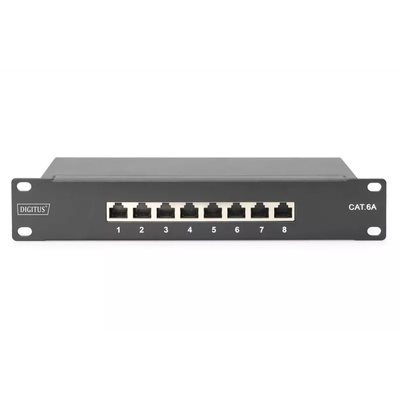 DIGITUS Patch panel CAT6A schermato, 8 porte 1U, montaggio rack 10 pollici, nero RAL 9005