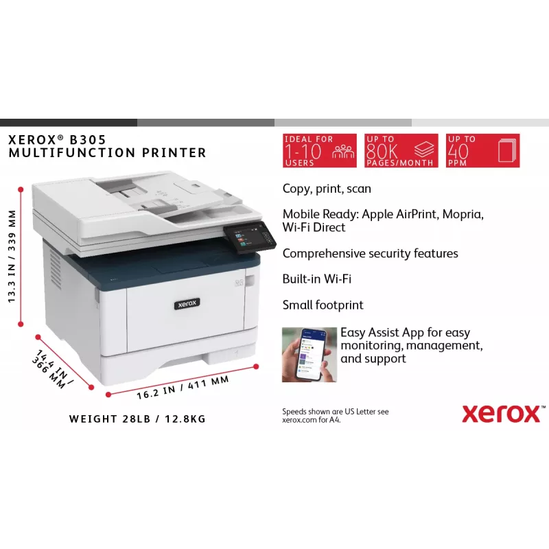 Xerox B305 A4 38ppm wireless duplex copia/stampa/scansione PS3 PCL5e/6 2 vassoi 350 fogli