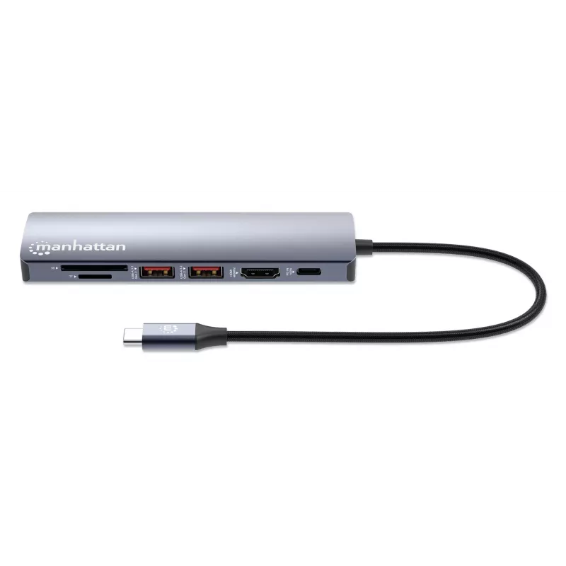 Dock/hub USB-C Manhattan con lettore di schede, porte (x5): Ethernet, HDMI, USB-A (x2) e USB-C, con Power Delivery (PD) 100 W – richiede alimentatore USB-C esterno (non incluso). Alimentato via USB (nessun alimentatore esterno necessario) se PD non viene utilizzato