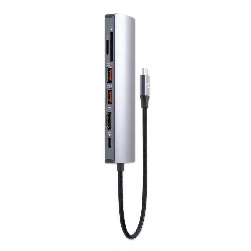 Dock/hub USB-C Manhattan con lettore di schede, porte (x5): Ethernet, HDMI, USB-A (x2) e USB-C, con Power Delivery (PD) 100 W – richiede alimentatore USB-C esterno (non incluso). Alimentato via USB (nessun alimentatore esterno necessario) se PD non viene utilizzato