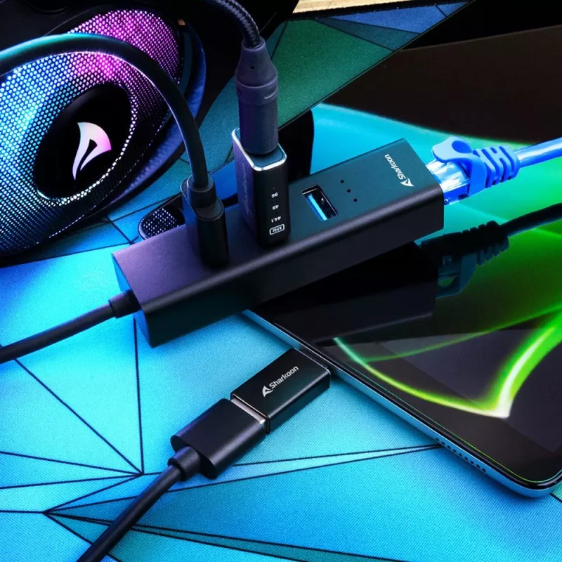 SHARKOON Hub USB - 3 porte USB 3.2 Gen 1 in alluminio + Ethernet nero