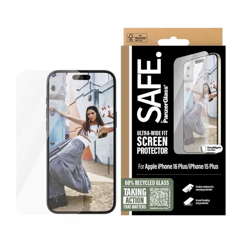 PanzerGlass SAFE. by ® pellicola protezione display iPhone 16 Plus | 15 Plus | Ultra-Wide Fit