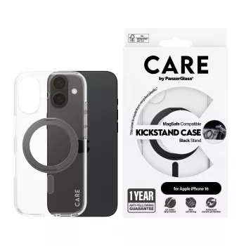 PanzerGlass CARE™ by ® custodia trasparente con kickstand nero e MagSafe iPhone 16