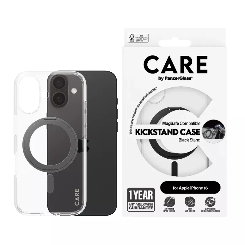 PanzerGlass CARE™ by ® custodia trasparente con kickstand nero e MagSafe iPhone 16