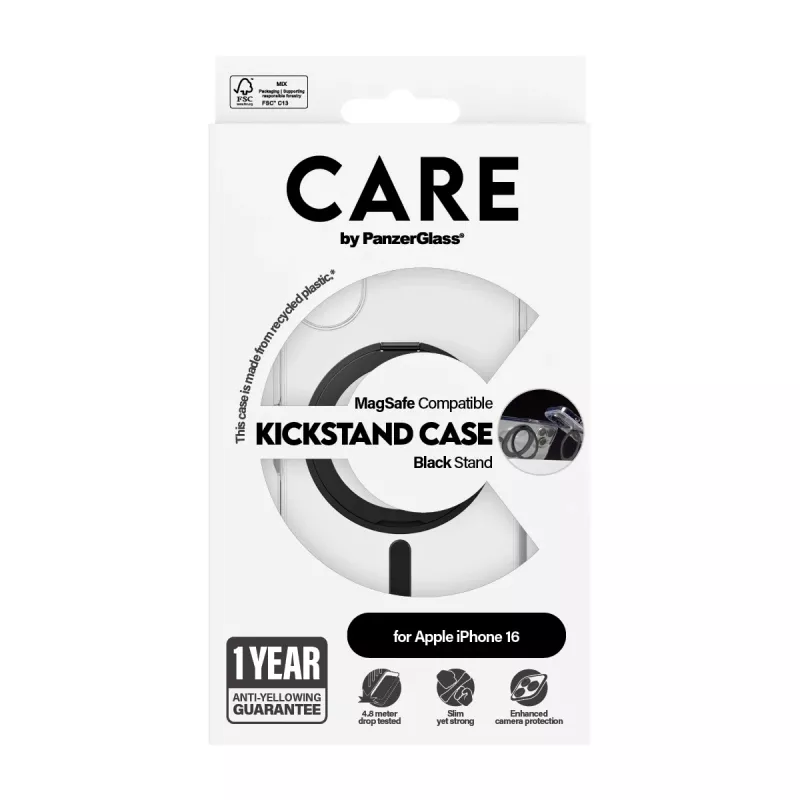 PanzerGlass CARE™ by ® custodia trasparente con kickstand nero e MagSafe iPhone 16