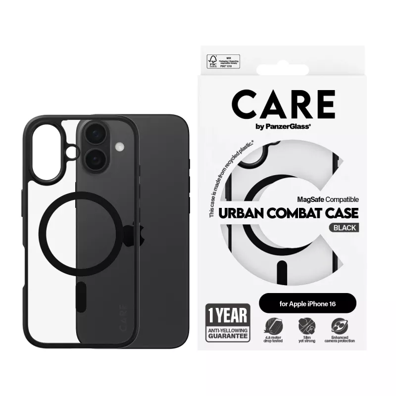 PanzerGlass CARE™ by ® Urban Combat custodia trasparente con cornice nera e MagSafe iPhone 16