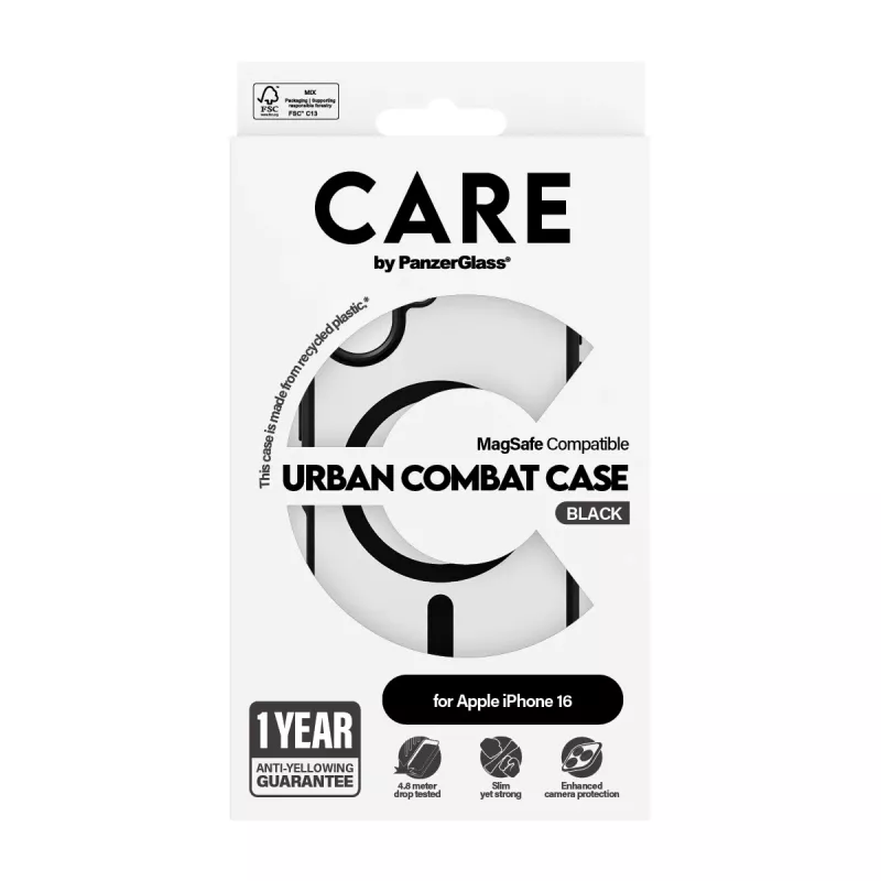 PanzerGlass CARE™ by ® Urban Combat custodia trasparente con cornice nera e MagSafe iPhone 16