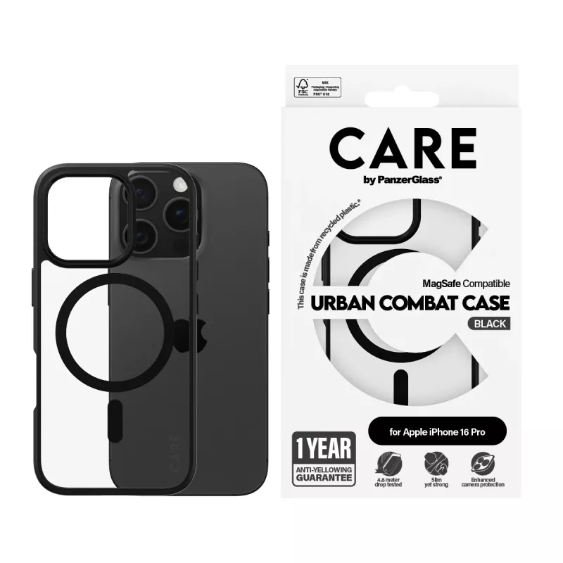 PanzerGlass CARE™ by ® Urban Combat Case trasparente con cornice nera e MagSafe iPhone 16 Pro
