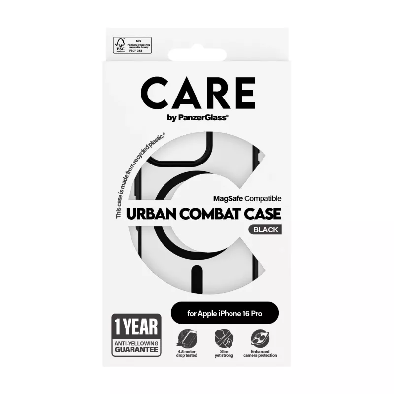 PanzerGlass CARE™ by ® Urban Combat Case trasparente con cornice nera e MagSafe iPhone 16 Pro