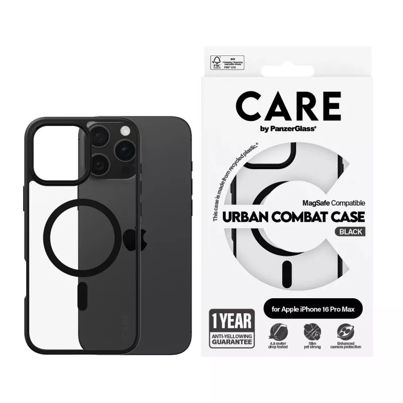 PanzerGlass CARE™ by ® Urban Combat Case trasparente con cornice nera e MagSafe per iPhone 16 Pro Max