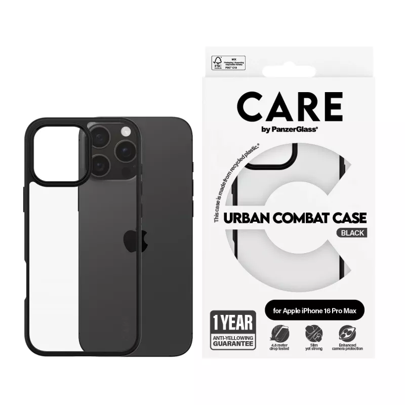 PanzerGlass CARE™ by ® Urban Combat Case Trasparente con Cornice Nera iPhone 16 Pro Max