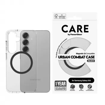 PanzerGlass CARE™ by ® Urban Combat custodia trasparente con nero compatibile Qi Samsung Galaxy S25