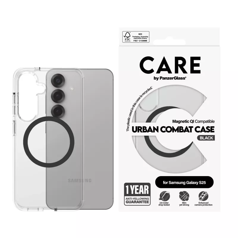 PanzerGlass CARE™ by ® Urban Combat custodia trasparente con nero compatibile Qi Samsung Galaxy S25