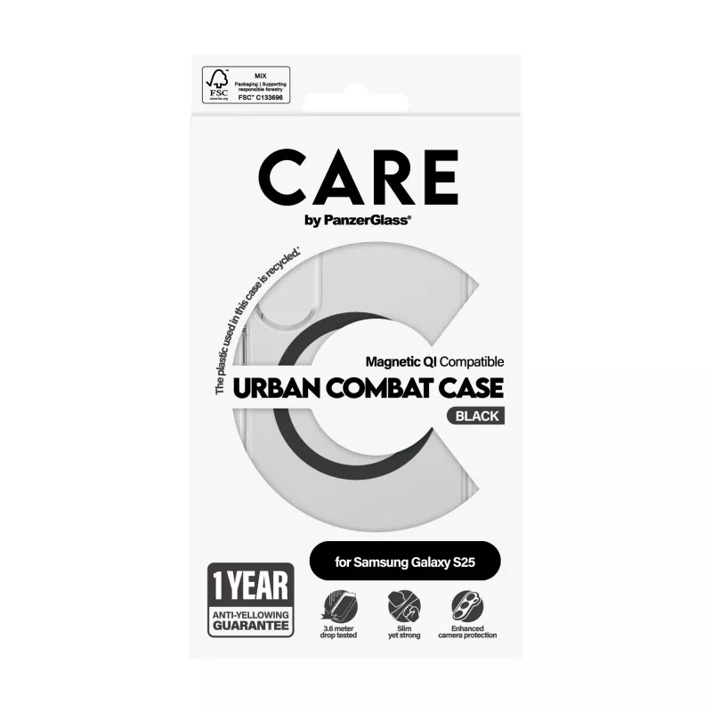 PanzerGlass CARE™ by ® Urban Combat custodia trasparente con nero compatibile Qi Samsung Galaxy S25