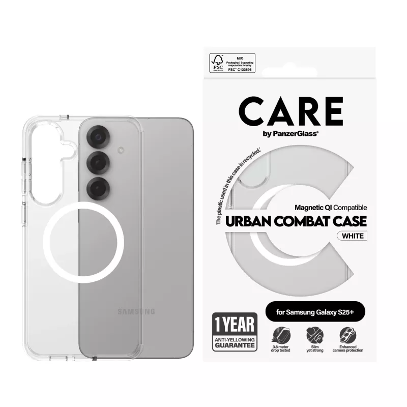 PanzerGlass CARE™ by ® Urban Combat custodia, trasparente, con bianco, compatibile Qi per Samsung Galaxy S25+