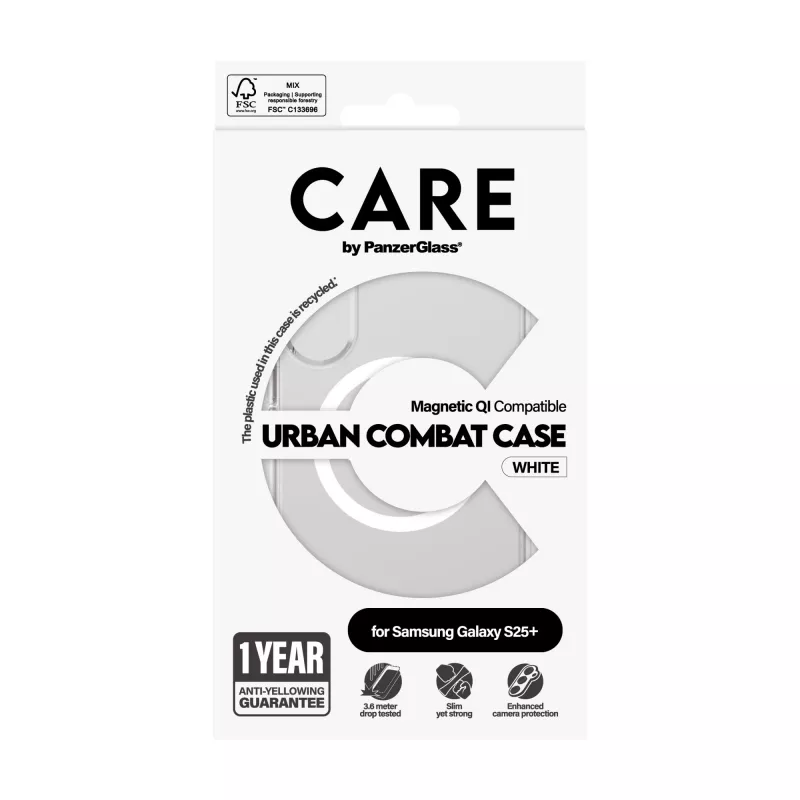 PanzerGlass CARE™ by ® Urban Combat custodia, trasparente, con bianco, compatibile Qi per Samsung Galaxy S25+