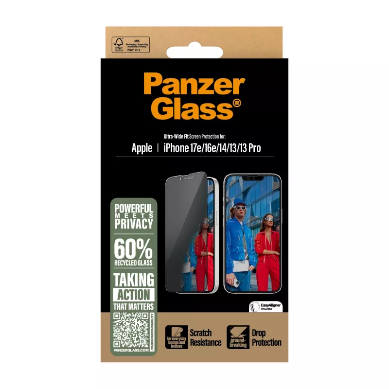 PanzerGlass ® Privacy Screen Protector iPhone 17e | 16e | 14 | 13 | 13 Pro | Ultra-Wide Fit con EasyAligner