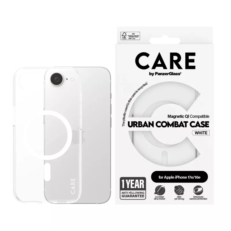 Cover PanzerGlass CARE by Flagship custodia trasparente Urban Combat bianco compatibile Qi iPhone 16e