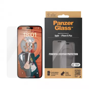 PanzerGlass® pellicola protezione display iPhone 15 Plus | Classic Fit, Apple, Apple - iPhone 15 Plus, applicazione a secco, antigraffio, antiurto, trasparente, 1 pz.