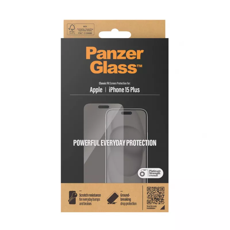 PanzerGlass® pellicola protezione display iPhone 15 Plus | Classic Fit, Apple, Apple - iPhone 15 Plus, applicazione a secco, antigraffio, antiurto, trasparente, 1 pz.