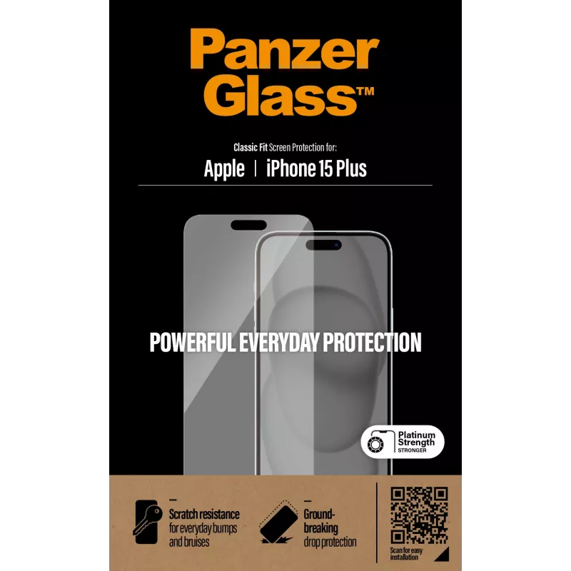 PanzerGlass® pellicola protezione display iPhone 15 Plus | Classic Fit, Apple, Apple - iPhone 15 Plus, applicazione a secco, antigraffio, antiurto, trasparente, 1 pz.