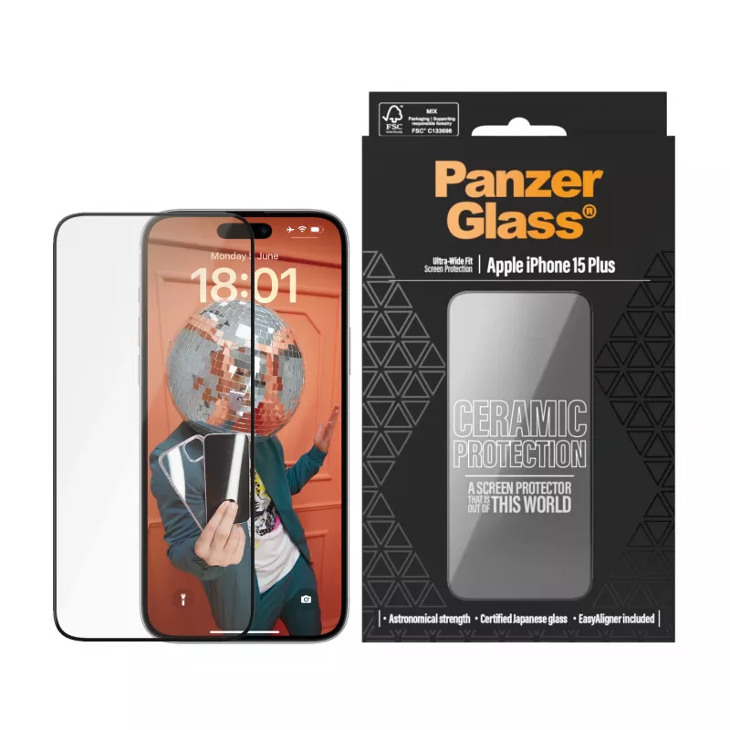 PanzerGlass ® Ceramic Protection per iPhone 15 Plus | Ultra-Wide Fit con EasyAligner