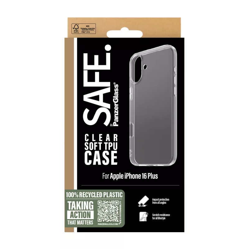 PanzerGlass SAFE. by ® custodia TPU trasparente iPhone 16 Plus, cover, Apple, Apple - iPhone 16 Plus, trasparente