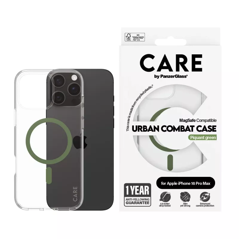 PanzerGlass CARE™ by ® Urban Combat Case trasparente con MagSafe verde per iPhone 16 Pro Max