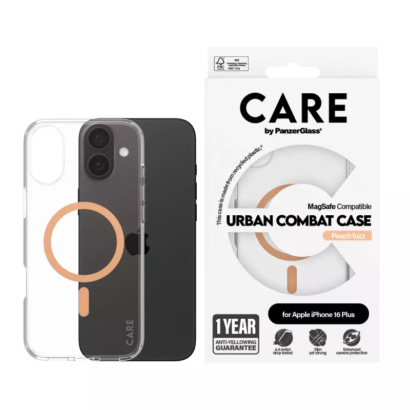 PanzerGlass CARE™ by ® custodia Urban Combat trasparente con MagSafe Peachy iPhone 16 Plus