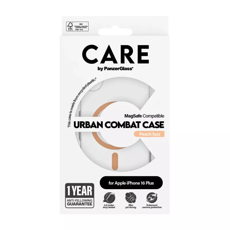 PanzerGlass CARE™ by ® custodia Urban Combat trasparente con MagSafe Peachy iPhone 16 Plus
