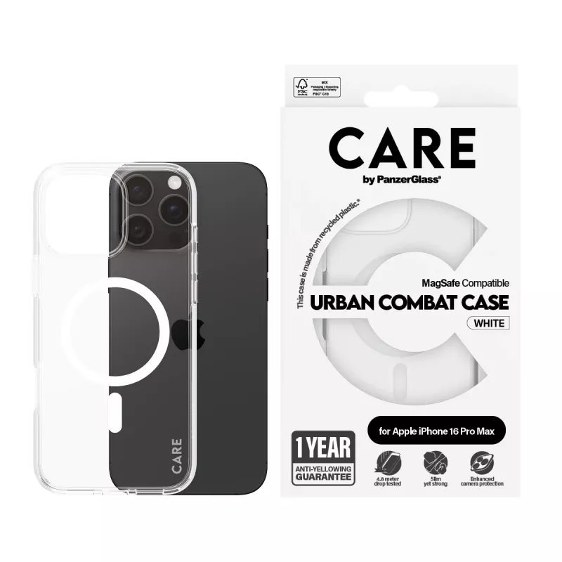 PanzerGlass CARE™ by ® custodia Urban Combat trasparente con MagSafe bianco per iPhone 16 Pro Max
