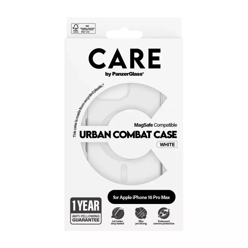 PanzerGlass CARE™ by ® custodia Urban Combat trasparente con MagSafe bianco per iPhone 16 Pro Max