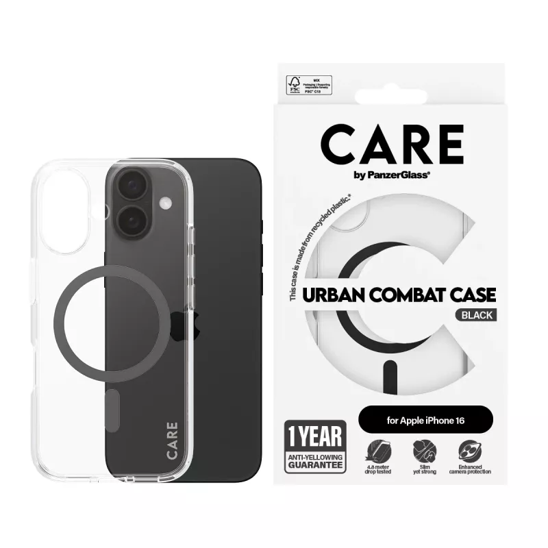 PanzerGlass CARE™ by ® custodia Urban Combat trasparente con MagSafe nero per iPhone 16