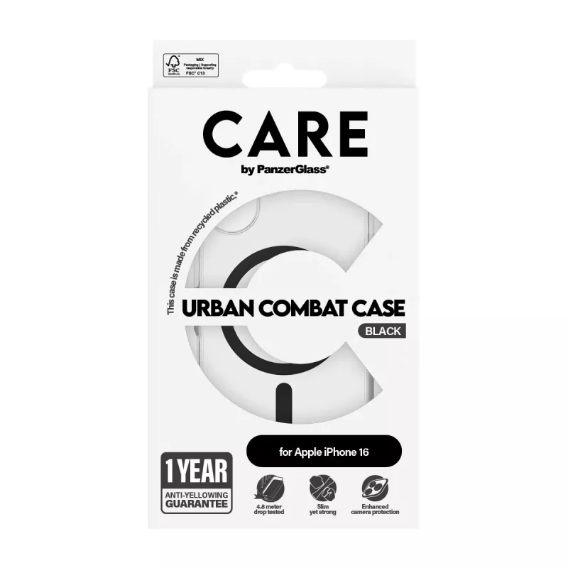 PanzerGlass CARE™ by ® custodia Urban Combat trasparente con MagSafe nero per iPhone 16