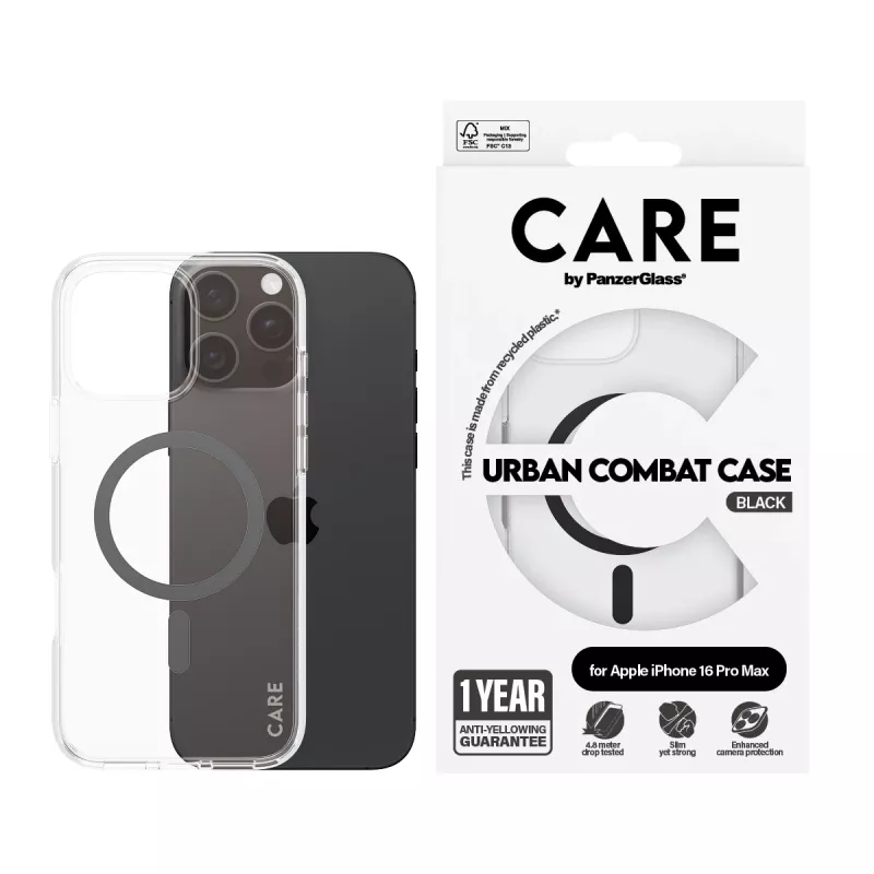 PanzerGlass CARE™ by ® custodia Urban Combat trasparente con MagSafe nero iPhone 16 Pro Max