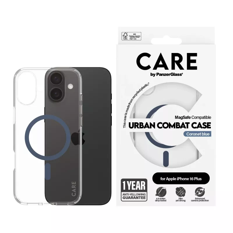 PanzerGlass CARE™ by ® Urban Combat cover trasparente con MagSafe blu iPhone 16 Plus
