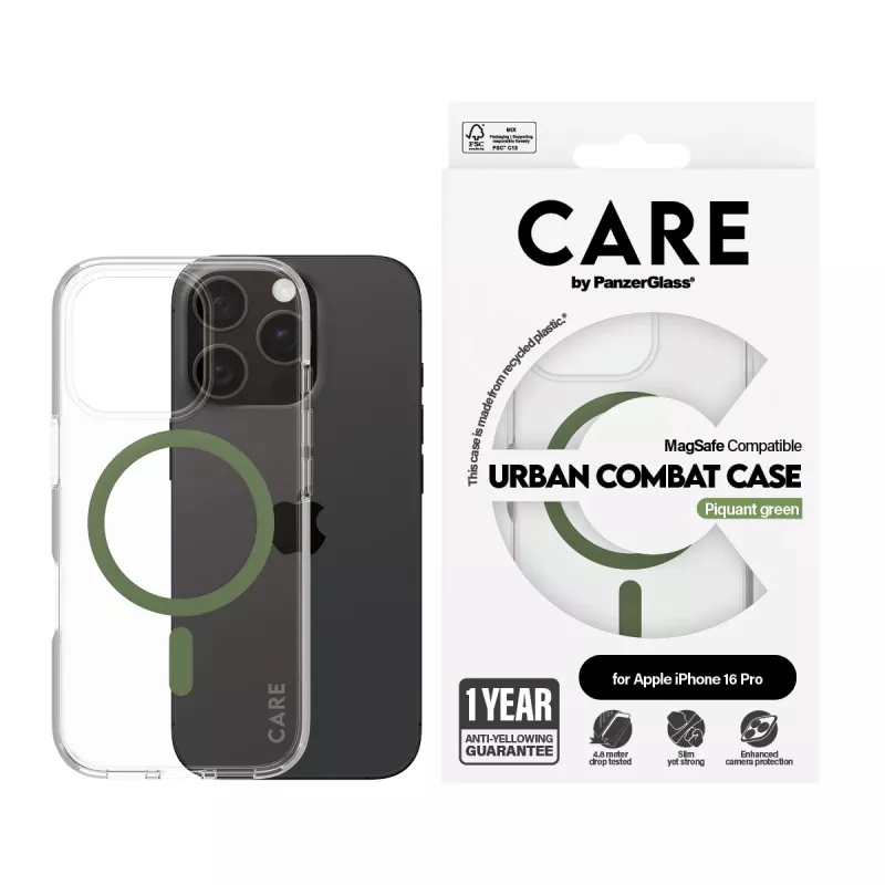 PanzerGlass CARE™ by ® Urban Combat cover trasparente con MagSafe verde iPhone 16 Pro