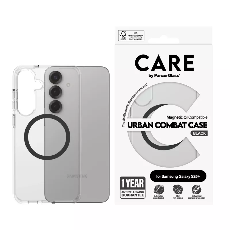 PanzerGlass CARE™ by ® Urban Combat cover trasparente con nero compatibile Qi Samsung Galaxy S25+