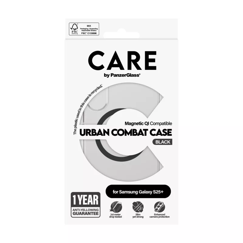 PanzerGlass CARE™ by ® Urban Combat cover trasparente con nero compatibile Qi Samsung Galaxy S25+