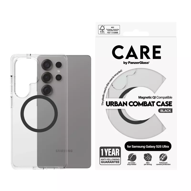 PanzerGlass CARE™ by ® Urban Combat cover, trasparente, con nero Qi, compatibile, Samsung Galaxy S25 Ultra