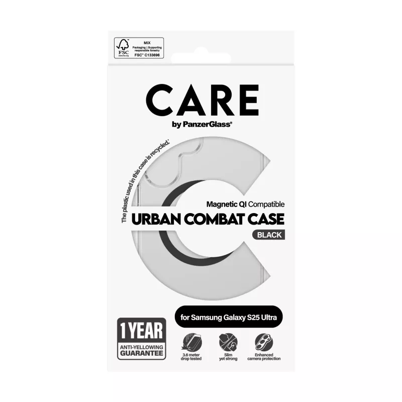 PanzerGlass CARE™ by ® Urban Combat cover, trasparente, con nero Qi, compatibile, Samsung Galaxy S25 Ultra
