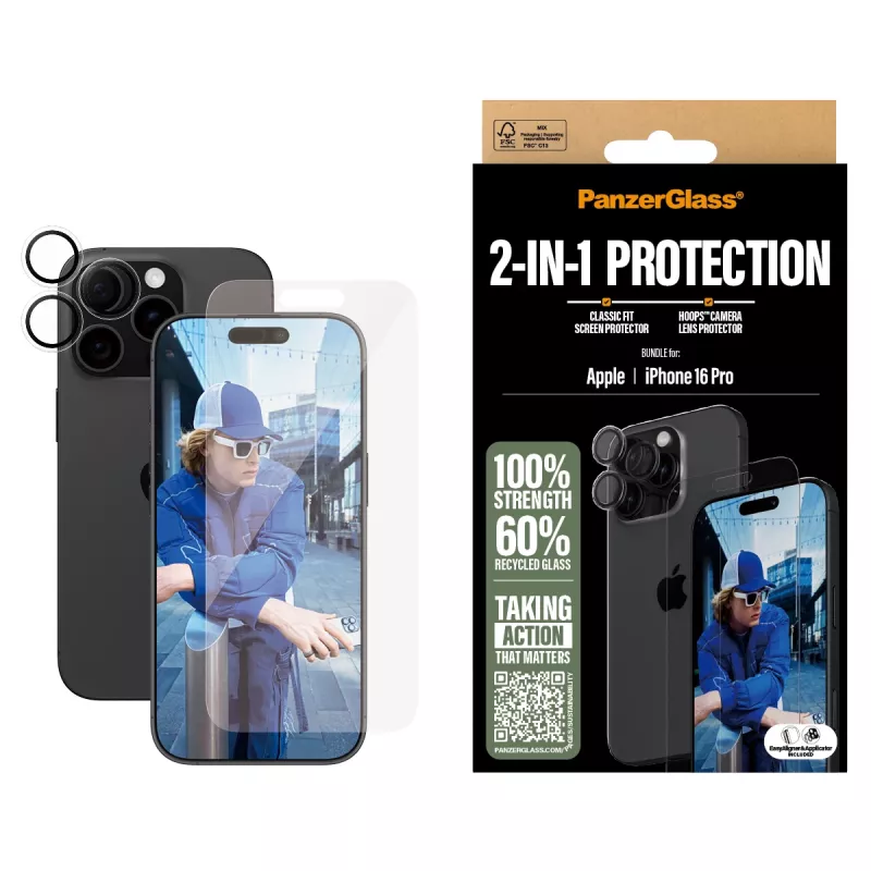 PanzerGlass® bundle 2-in-1 iPhone 16 Pro, Apple, Apple - iPhone 16 Pro, applicazione a secco, antigraffio, antiurto, trasparente, 1 pz.