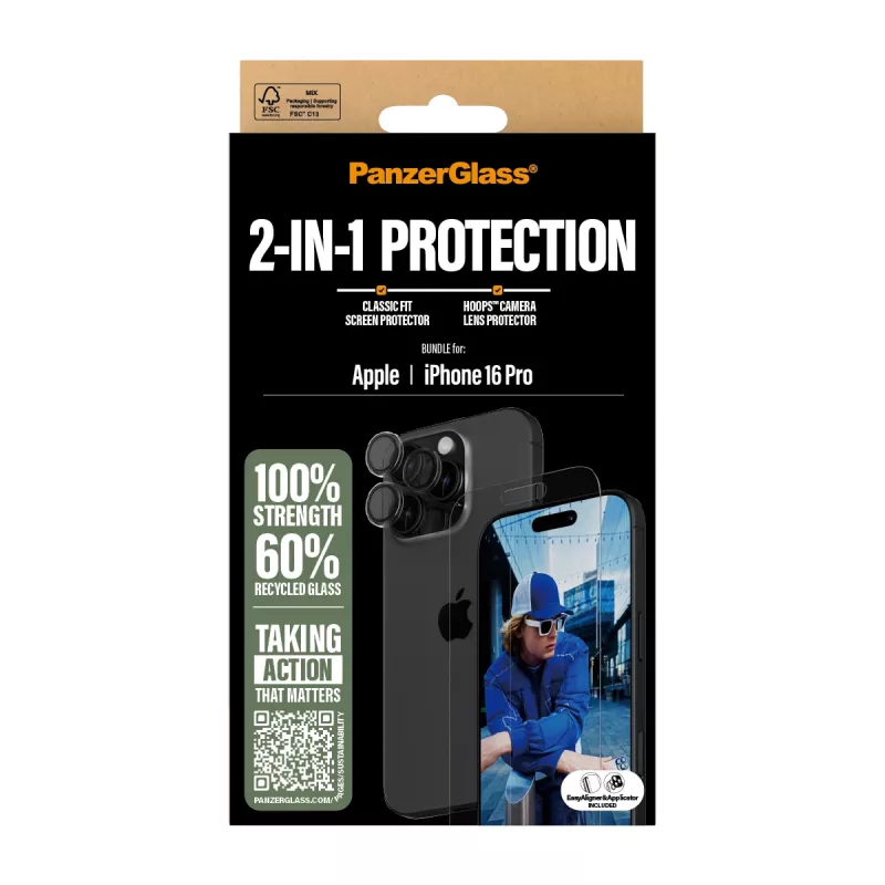 PanzerGlass® bundle 2-in-1 iPhone 16 Pro, Apple, Apple - iPhone 16 Pro, applicazione a secco, antigraffio, antiurto, trasparente, 1 pz.