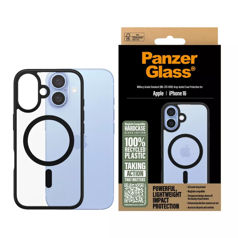 PanzerGlass ® HardCase trasparente con cornice MagSafe nera per iPhone 16
