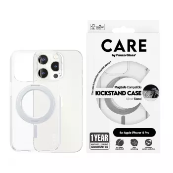 PanzerGlass CARE™ by ® case trasparente con kickstand argento e MagSafe iPhone 15 Pro